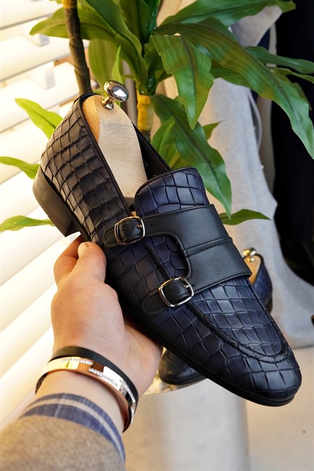 İtalyan stil iç dış naturel deri erkek ayakkabı Lacivert T5610
