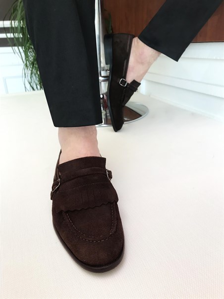İtalyan stil iç naturel dış süet erkek tokalı ayakkabı Kahverengi  T6440