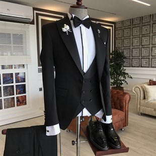 İtalyan kesim ceket yelek pantolon battal damatlık set Siyah T6317