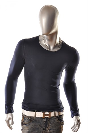 İtalyan stil armut yaka kısa kol basic t-shirt Lacivert T4641