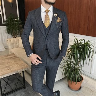 İtalyan stil ceket yelek pantolon takım elbise lacivert  T6993