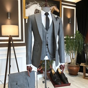 İtalyan stil  ceket yelek pantolon takım elbise gri T6266