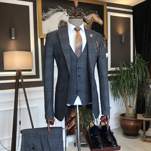 İtalyan stil ekose ceket yelek pantolon lacivert takım elbise T7000
