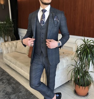 İtalyan stil ekose ceket yelek pantolon lacivert takım elbise T7000