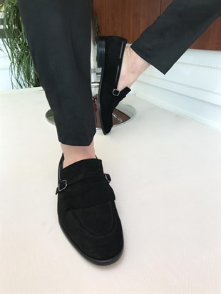 İtalyan stil iç naturel dış süet erkek tokalı ayakkabı siyah T6145