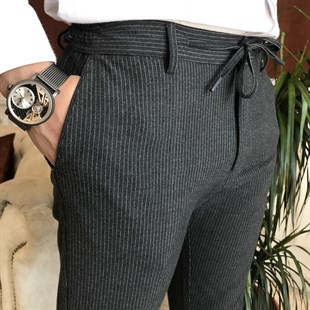 italyan stil slim fit bağcıklı çizgili erkek pantalon Antrasit T6171