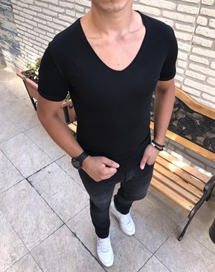 İtalyan stil V yaka kısa kol basic t-shirt Siyah T4634