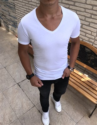 İtalyan stil V yaka kısa kol basic t-shirt Beyaz T4632